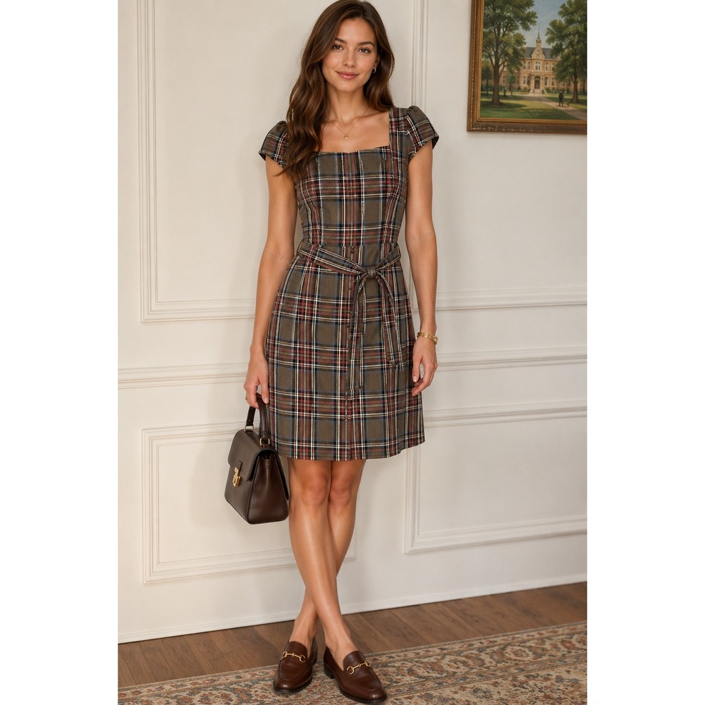 Forever Y2K Plaid Midi Dress Small Brown Tartan Square Neck Cottagecore